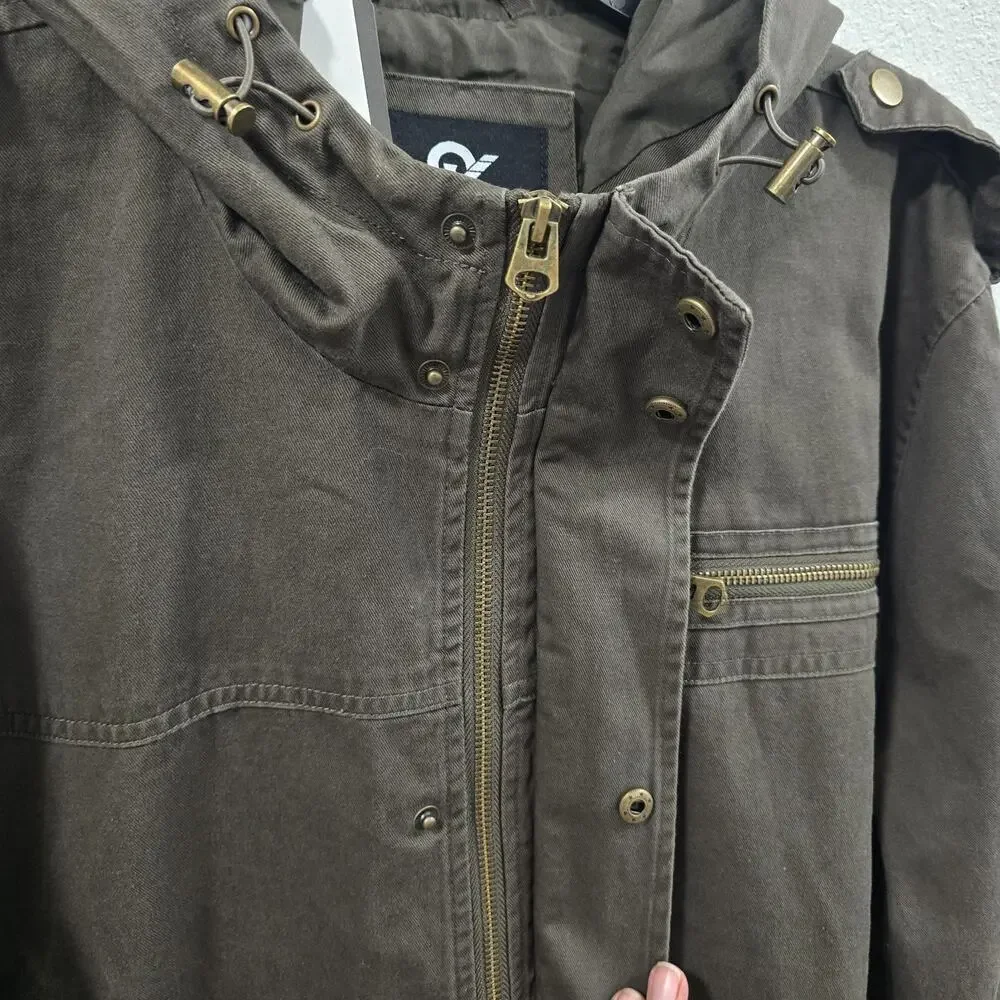 Whattry Men’s Utility Jacket XL Brown Hooded Military Field Coat Cargo Casual